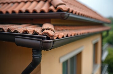 Close-up view of roof with tile covering and brown gutters. Construction detail showing residential building element. Drainage system and waterproofing. Exterior house decor. Brickwork tile roof.