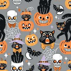 Seamless vector pattern with retro Halloween characters. Hand drawn spooky black cat and Halloween pumpkin illustration. EPS 10 vector file. Perfect for textile, wallpaper or nursery print design.