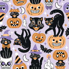 Seamless vector pattern with retro Halloween characters. Hand drawn spooky black cat and Halloween pumpkin illustration. EPS 10 vector file. Perfect for textile, wallpaper or nursery print design.