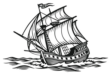 51 Detailed black and white illustration, vintage sailing ship, woodcut style, intricate linework, high contrast, nautical theme, waves, single mast, billowing sails, old-fashioned vessel, maritime ar