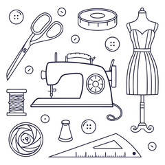minimal black and white sewing tools vector illustration with line icons of machine, mannequin, scissors, thread and buttons