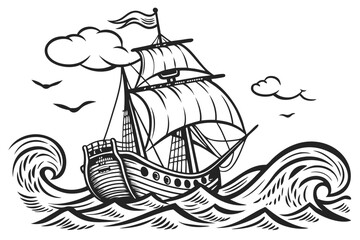 51 Detailed black and white illustration, vintage sailing ship, woodcut style, intricate linework, high contrast, nautical theme, waves, single mast, billowing sails, old-fashioned vessel, maritime ar