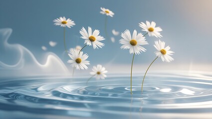 Chamomile flowers drift over silver-blue ripples under warm light and soft fog, creating a serene, elegant scene.