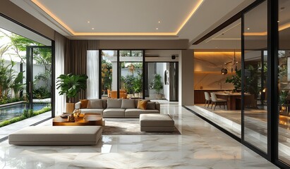 Fototapeta premium Modern living room, tropical garden view, poolside relaxation, interior design