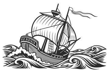 51 Detailed black and white illustration, vintage sailing ship, woodcut style, intricate linework, high contrast, nautical theme, waves, single mast, billowing sails, old-fashioned vessel, maritime ar