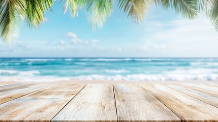 Fototapeta premium Wooden Table on a Beach with Palm Leaves and Ocean View