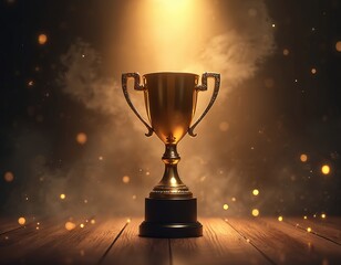 Golden trophy award against dark backdrop with sparkling lights. Symbol of success victory, achievement, winning in sport event or business. Award ceremony celebration.
