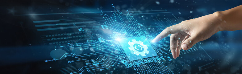 A businessman touches a software development icon, process of designing, coding, testing, and...