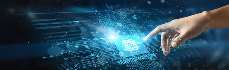 A businessman touches a quantum computing icon, representing next-generation processing power that...