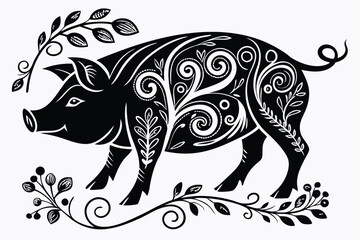 52 black and white illustration, stylized pig, ornate swirling patterns, woodcut style, high contrast, decorative design, side view, intricate details, curling lines, folk art aesthetic, bold graphic,