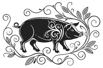 52 black and white illustration, stylized pig, ornate swirling patterns, woodcut style, high contrast, decorative design, side view, intricate details, curling lines, folk art aesthetic, bold graphic,
