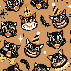 Seamless vector pattern with retro Halloween characters. Hand drawn spooky black cat and Halloween pumpkin illustration. EPS 10 vector file. Perfect for textile, wallpaper or nursery print design.