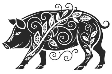 52 black and white illustration, stylized pig, ornate swirling patterns, woodcut style, high contrast, decorative design, side view, intricate details, curling lines, folk art aesthetic, bold graphic,