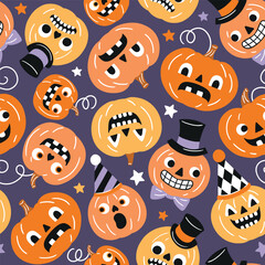 Fototapeta premium Seamless vector pattern with cute retro Halloween pumpkins. EPS 10 vector file. Perfect for textile, wallpaper or nursery print design.