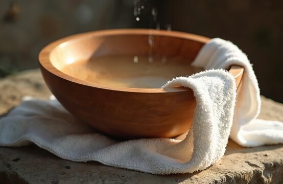Wooden foot-washing bowl, white towel rests on stone surface with water, symbol of humility, service. Reflecting on Maundy Thursday, representing christian tradition. Focus on faith, cleansing,