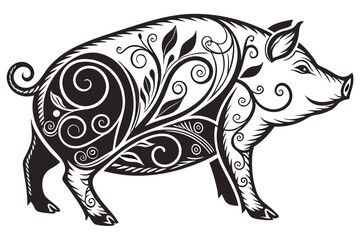 52 black and white illustration, stylized pig, ornate swirling patterns, woodcut style, high contrast, decorative design, side view, intricate details, curling lines, folk art aesthetic, bold graphic,