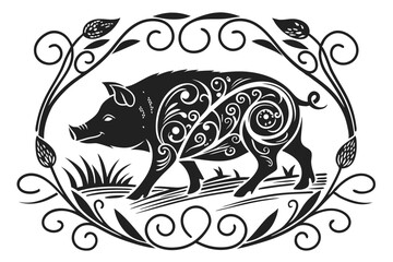 52 black and white illustration, stylized pig, ornate swirling patterns, woodcut style, high contrast, decorative design, side view, intricate details, curling lines, folk art aesthetic, bold graphic,