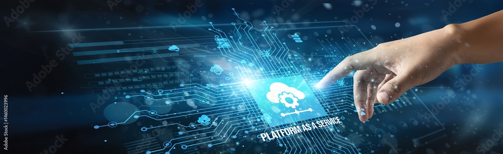 Poster paas. a businessman touches a platform as a service icon, demonstrating a cloud-based solution that 