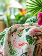 Close-up of a woven basket with a white fabric inside. the fabric has a pattern of pink flamingos and green leaves on it.