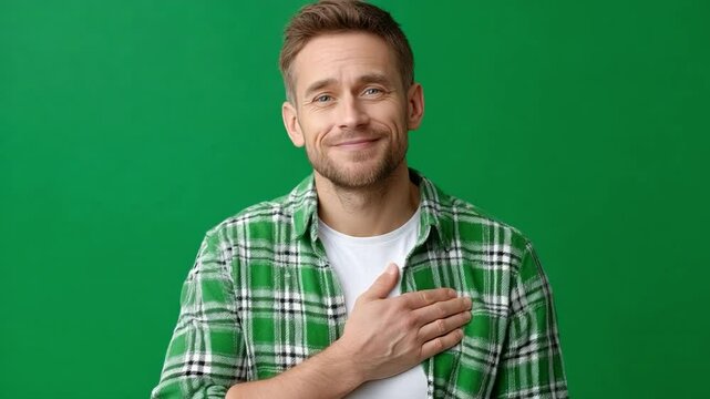Man with Hand on Chest: A friendly, middle-aged man with short brown hair smiles warmly, his hand gently resting on his chest, conveying sincerity and gratitude against a vibrant green background.