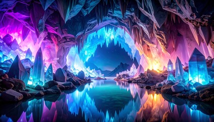 Colorful Crystal Cave with Reflective Water and Illuminated Rock Formations in a Magical Setting