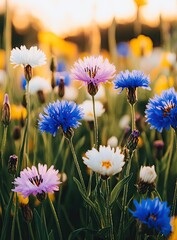 Vibrant wildflowers in a field at sunset