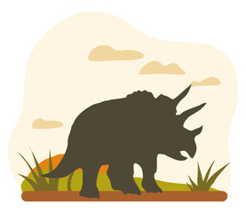 A large dinosaur is walking through a grassy field. The sky is cloudy and the sun is setting. Flat vector illustration