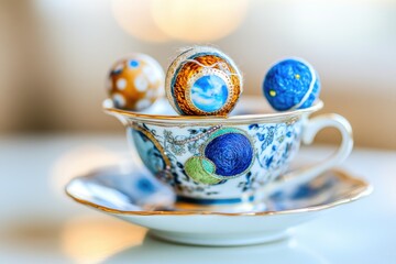 Ornate teacup holding painted spheres