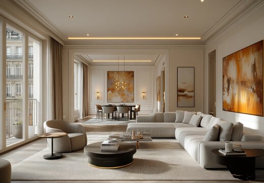 Parisian apartment living room, sunlight, city view, modern furniture, interior design