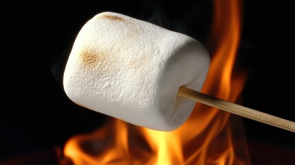 Roasted marshmallow on a stick over a fire.