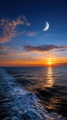 Fototapeta premium Ocean Sunset View with Waves and Crescent Moon in the Sky Scenic Seascape at Dusk Peaceful Nature Scene