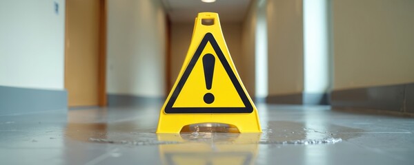 Yellow wet floor sign in hallway. Alert message about slip hazard. Black exclamation mark. Caution symbol warns about slippery surface. Health safety. Risk of falling. Accident prevention, workplace.