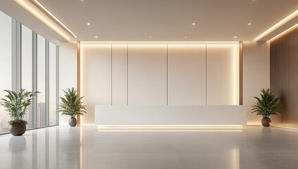 Modern, minimalist office lobby with panoramic city views