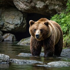 Obraz premium Grizzly bear by a river in a cave entrance