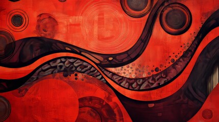 Bold red abstract wallpaper with swirling patterns and geometric shapes in a modern artistic style