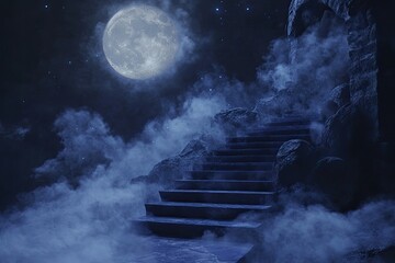 Mystical night stairs leading to an unknown destination under a full moon