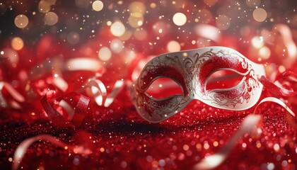 Glittering Venetian Masks And Shiny Streamers: A Festive Carnival Party With Abstract Defocused Bokeh Lights On A Red Background.