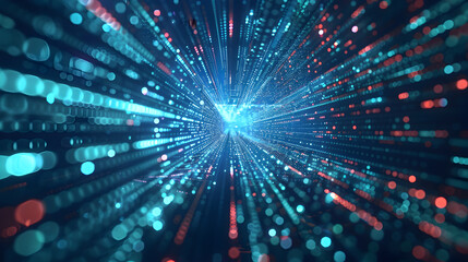 Abstract blue and red light streaks converging towards a central bright point