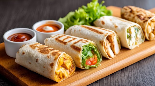 Delicious Wrap Sandwiches Variety - Assortment of grilled wrap sandwiches, zinger tikka, chicken, and various fillings. Served with ketchup and sauce. Fresh, flavorful, and perfect for a quick meal