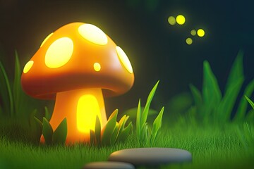 Illuminated mushroom in a grassy field at night