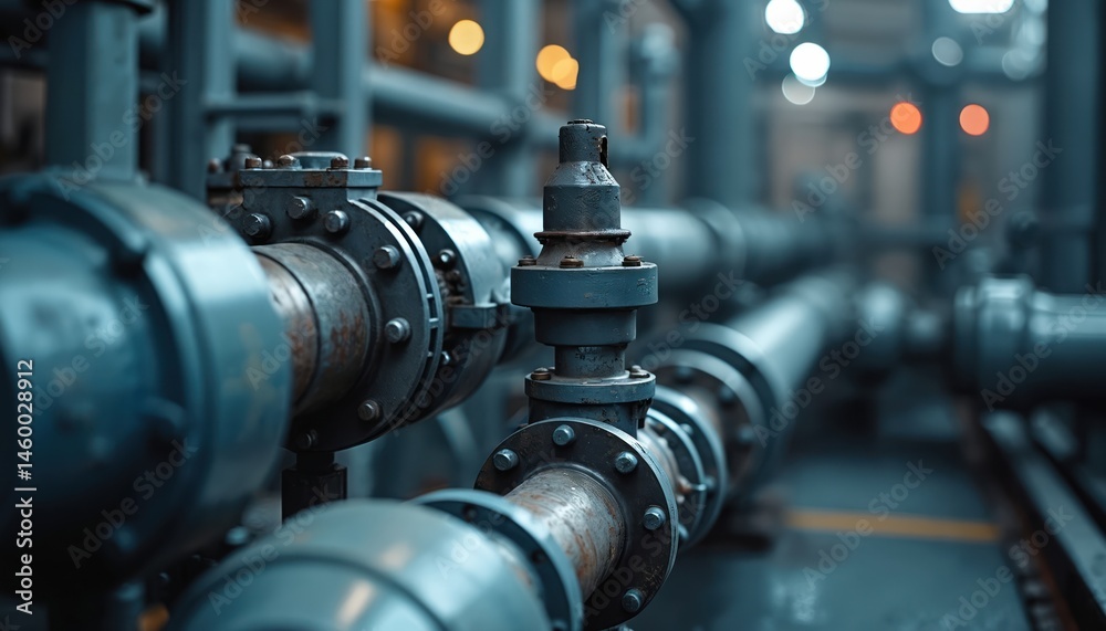 Poster close-up shot pipeline valves hydraulic system pipes. focus gas transportation, leak detection in in
