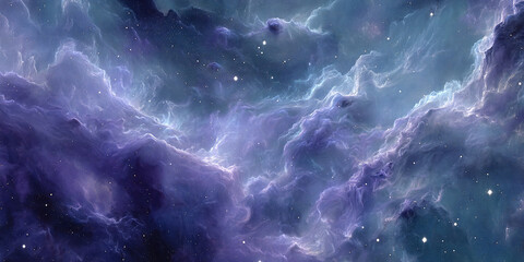 Cosmic nebula image, showcasing swirling purple and blue gas clouds, scattered stars, representing the vastness and mystery of space, ideal for backgrounds or designs
