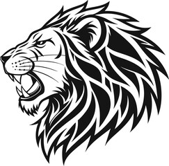 Black and white illustration of a roaring lion head, Detailed Lion Head Illustration in Black and White, a lion head roaring with its mouth open in a simple look a logo silhouette vector illustration