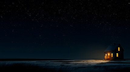 A small house illuminated warmly stands alone under a vast starlit sky, evoking solitude, comfort, and the enormity of the universe.
