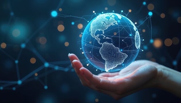Futuristic image of human hand holding glowing digital globe. Global network, data transfer concept. Innovative tech, business, communication worldwide. QMS standard, ISO 9001, business solutions,