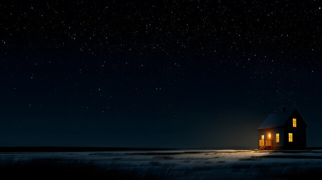 A small house illuminated warmly stands alone under a vast starlit sky, evoking solitude, comfort, and the enormity of the universe.