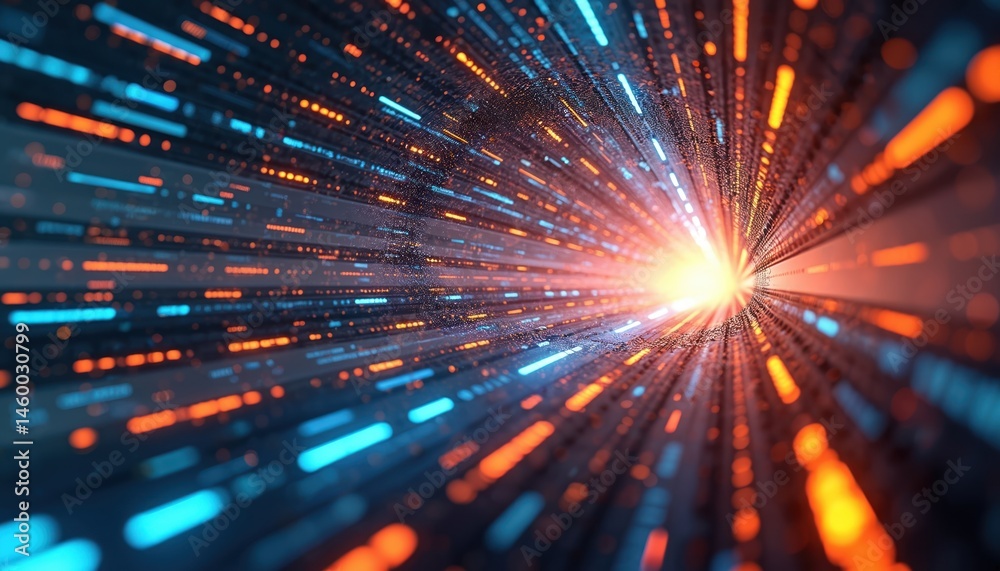 Aufkleber Futuristic digital data stream tunnel with orange, blue light particles. Abstract tech background, representing fast data transfer, information flow, network connection, innovation, modern tech