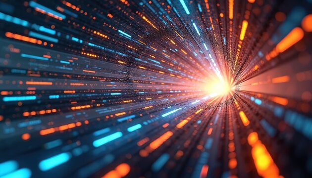 Futuristic digital data stream tunnel with orange, blue light particles. Abstract tech background, representing fast data transfer, information flow, network connection, innovation, modern tech