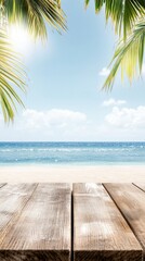 Fototapeta premium Wooden Table on a Beach with Palm Leaves and Ocean View