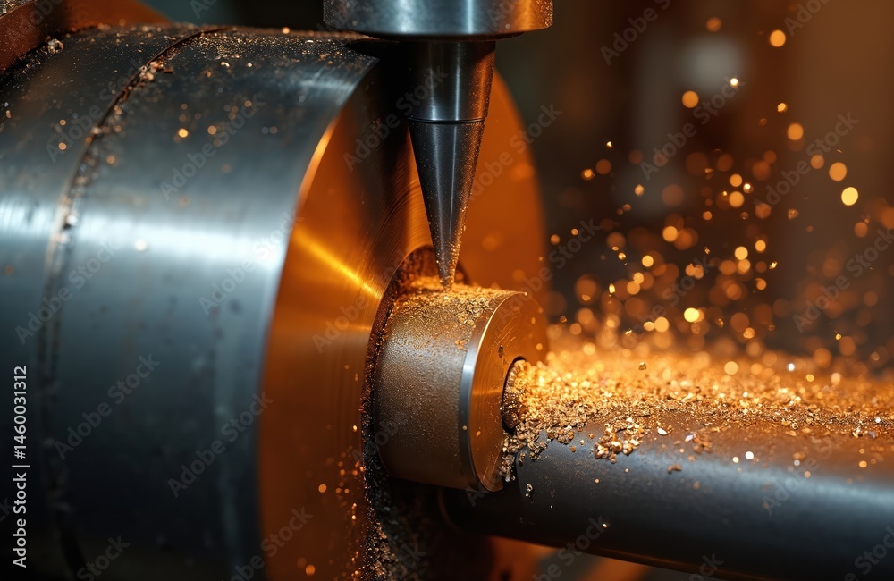 Aufkleber machine cuts bronze bushing on lathe. chips from metalworking process fly. cnc milling, metal lathe 